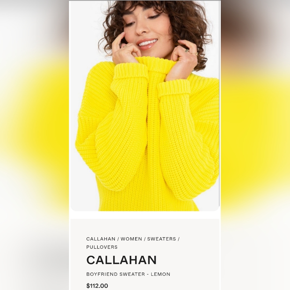 NWT Callahan Woman’s Knitwear Boyfriend Pullover Sweater In Bright Yellow Lemon